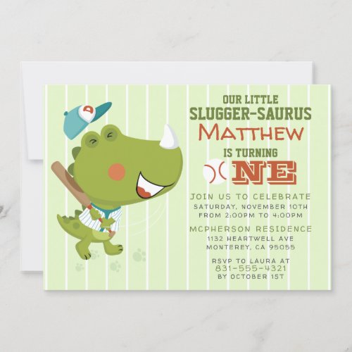 Baby Dinosaur Baseball Themed 1st Birthday Party Invitation