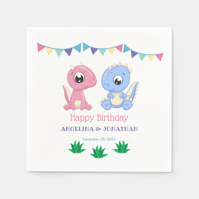 Baby Dinosaur Boy and Girl Joint Birthday  Napkins (Front)