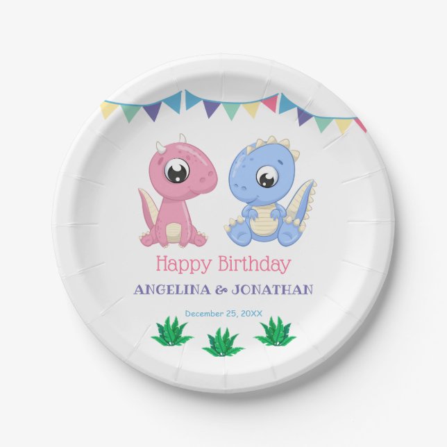 Baby Dinosaur Boy and Girl Joint Birthday  Paper Plates (Front)