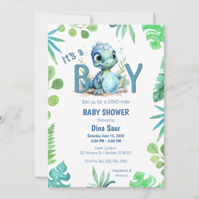 Baby Dinosaur Egg Green and Blue Baby Shower Invitation (Front)