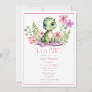 Baby Dinosaur Girl Flowers Invitation