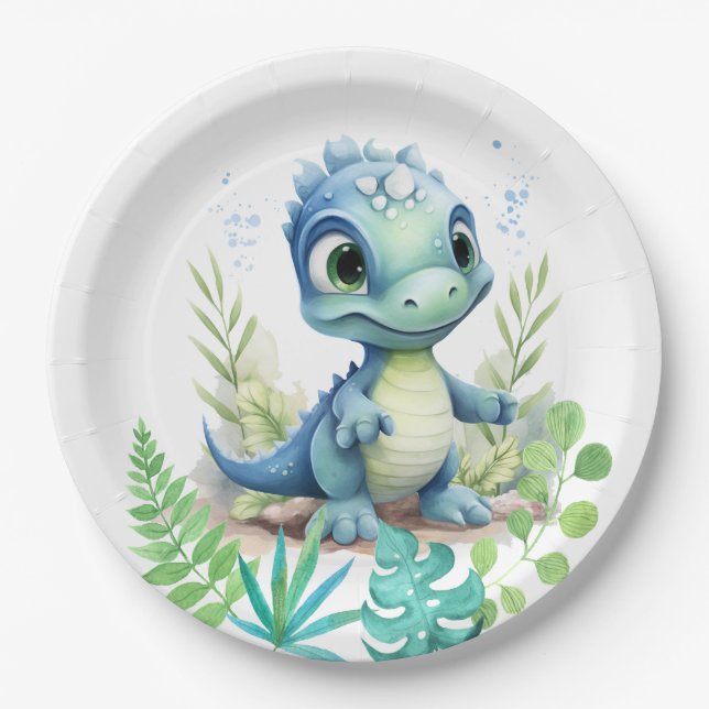 Baby Dinosaur Green and Blue Paper Plates (Front)