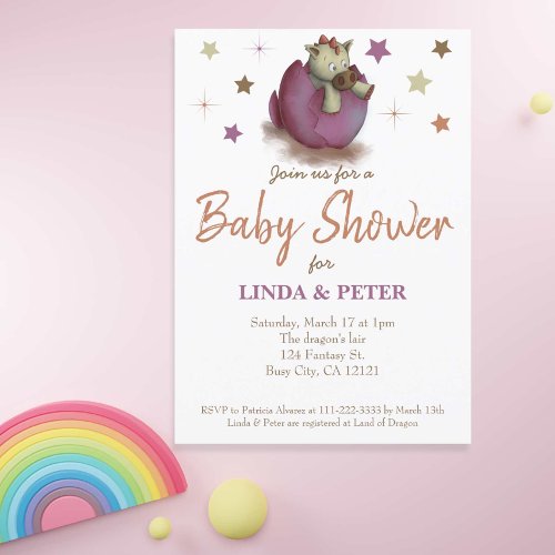 Baby Dinosaur Hatching Purple Girl Baby Shower Invitation