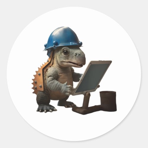baby dinosaur industrial engineer whith tablet classic round sticker