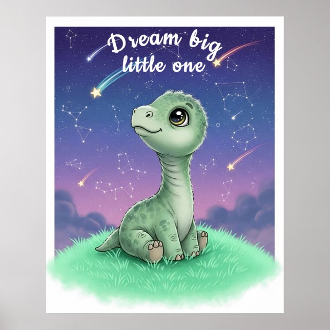 Baby Dinosaur on Night Sky, Nursery Customizable  Poster (Front)