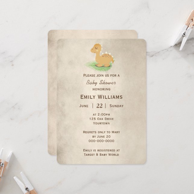 Baby Dinosaur Sepia Invitation (Front/Back In Situ)