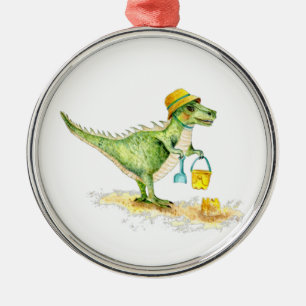 Baby Dinosaur T-Rex on the Beach Metal Ornament