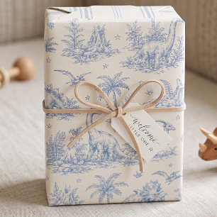 Baby Dinosaur Toile Blue Prehistoric Nursery Wrapping Paper Sheets