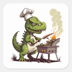 Baby Dinosaur Using A Charcoal Grill Cooking Meat Square Sticker