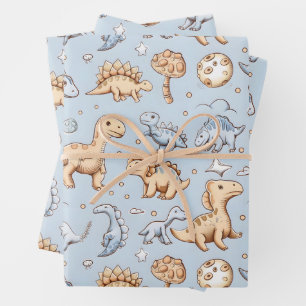Baby dinosaurs on blue wrapping paper sheets
