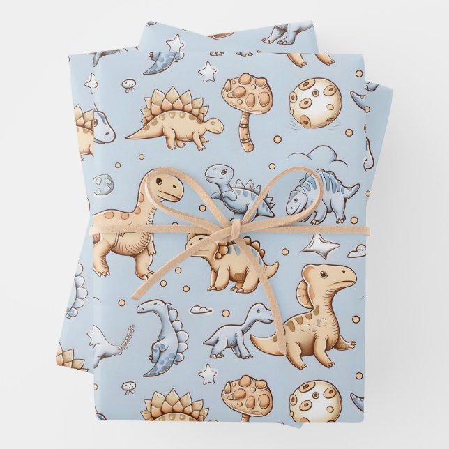 Baby dinosaurs on blue wrapping paper sheets (In situ)