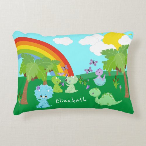 Baby Dinosaurs with Butterflies Rainbow and Sun Accent Pillow