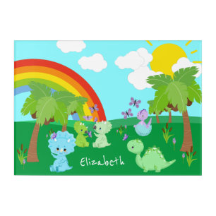 Baby Dinosaurs with Butterflies, Rainbow, and Sun Acrylic Print