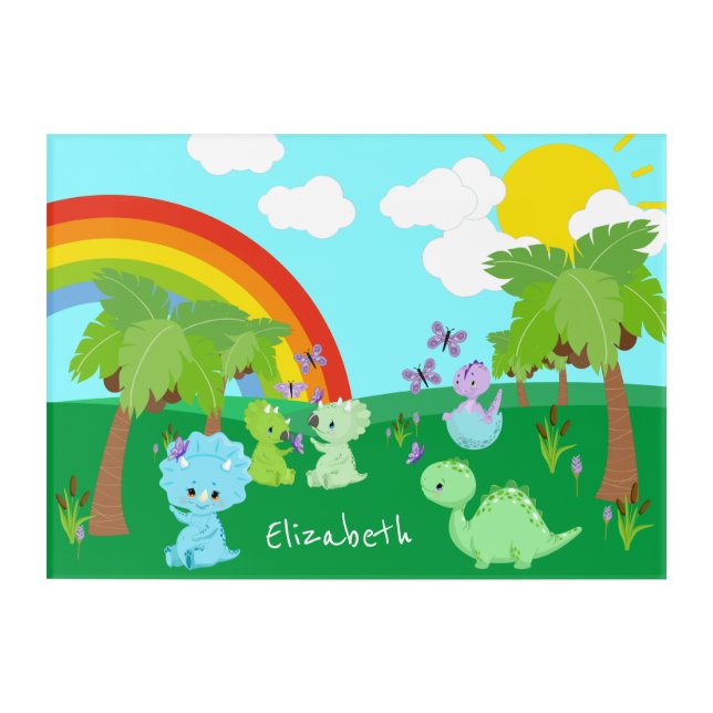 Baby Dinosaurs with Butterflies, Rainbow, and Sun Acrylic Print (Front)