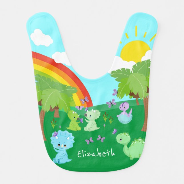Baby Dinosaurs with Butterflies, Rainbow, and Sun Baby Bib (Front)