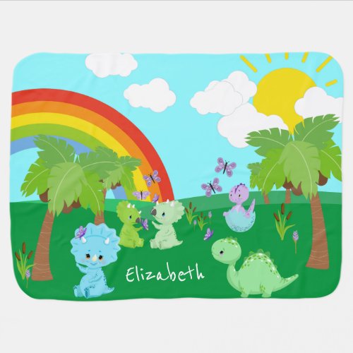 Baby Dinosaurs with Butterflies Rainbow and Sun Baby Blanket