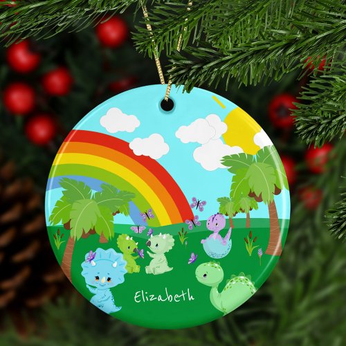 Baby Dinosaurs with Butterflies Rainbow and Sun Ceramic Ornament