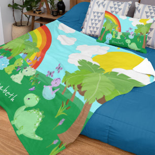 Baby Dinosaurs with Butterflies, Rainbow, and Sun Fleece Blanket