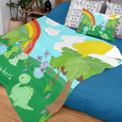 Baby Dinosaurs with Butterflies Rainbow and Sun Fleece Blanket