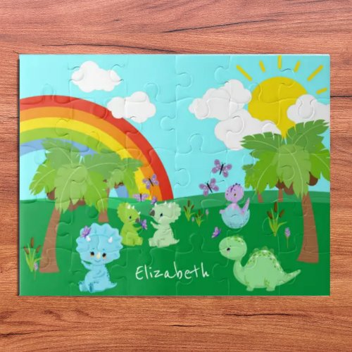 Baby Dinosaurs with Butterflies Rainbow and Sun Jigsaw Puzzle