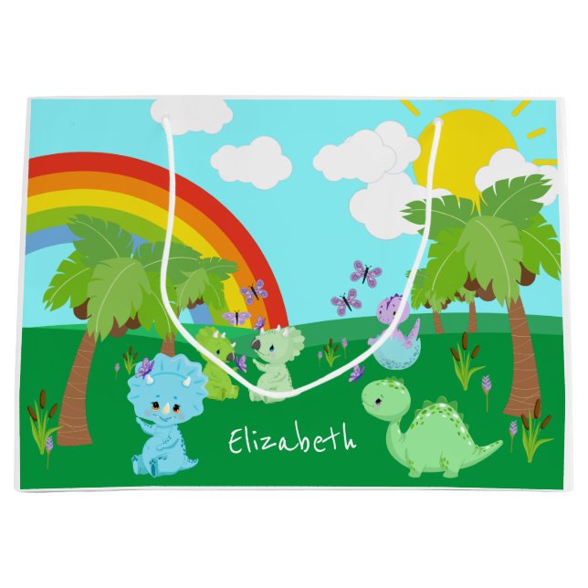 Baby Dinosaurs with Butterflies, Rainbow, and Sun Large Gift Bag (Front)