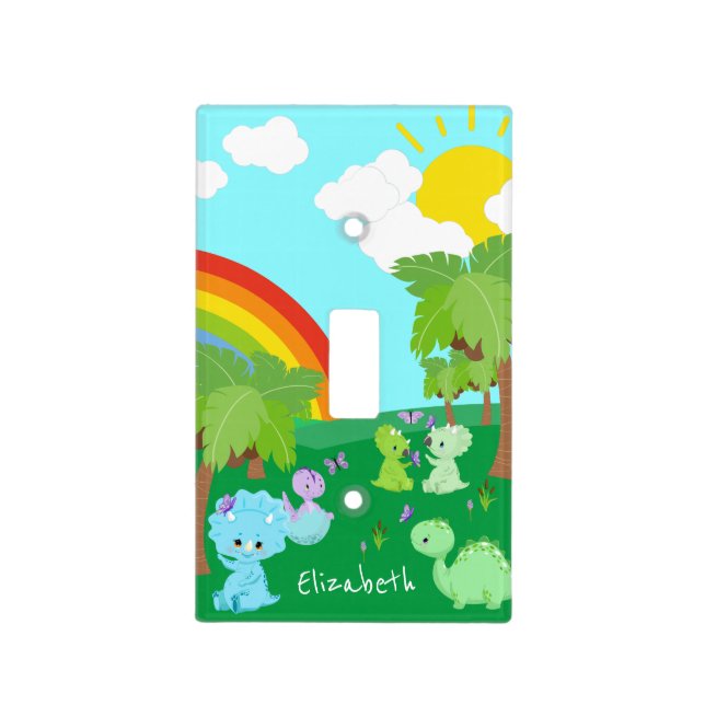 Baby Dinosaurs with Butterflies, Rainbow, and Sun Light Switch Cover (Front)