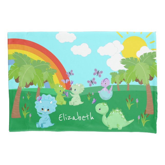 Baby Dinosaurs with Butterflies, Rainbow, and Sun Pillow Case (Front)