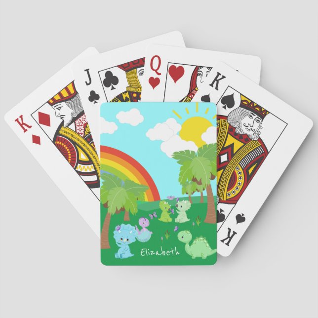 Baby Dinosaurs with Butterflies, Rainbow, and Sun Poker Cards (Back)