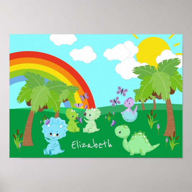 Baby Dinosaurs with Butterflies, Rainbow, and Sun Poster (Front)