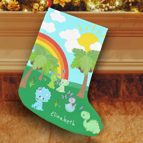 Baby Dinosaurs with Butterflies Rainbow and Sun Small Christmas Stocking