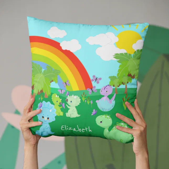 Baby Dinosaurs with Butterflies, Rainbow, and Sun Throw Pillow Zazzle