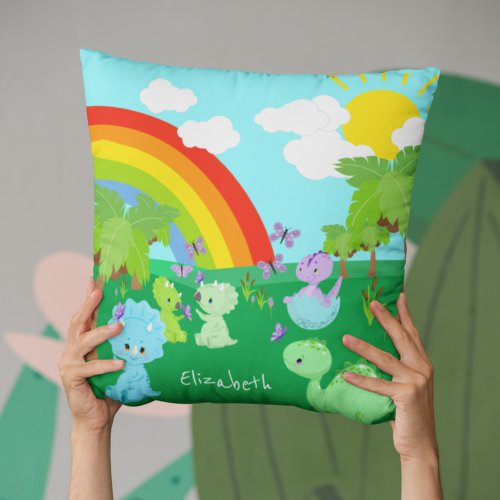 Baby Dinosaurs with Butterflies Rainbow and Sun Throw Pillow