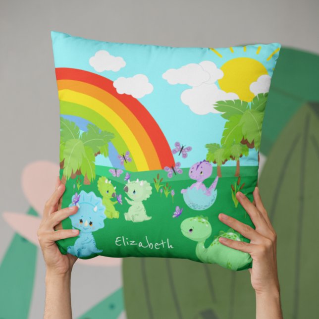 Baby Dinosaurs with Butterflies, Rainbow, and Sun Throw Pillow (Creator Uploaded)