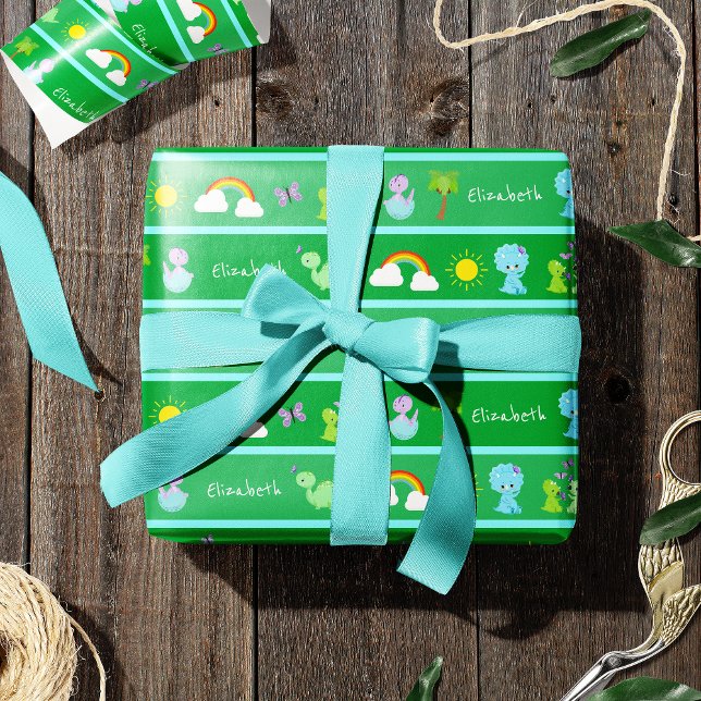 Baby Dinosaurs with Butterflies, Rainbow, and Sun Wrapping Paper (Creator Uploaded)