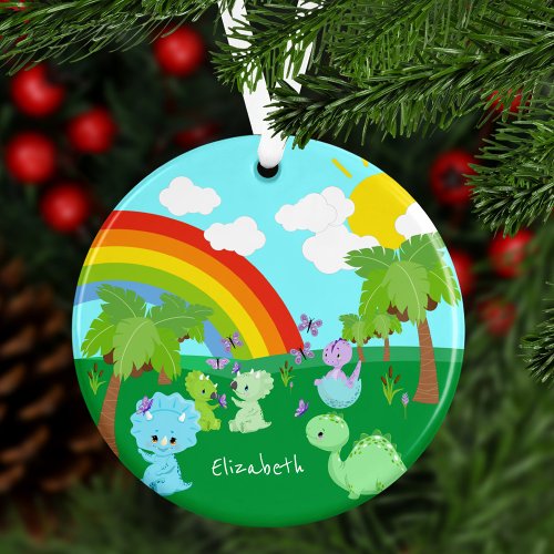 Baby Dinosaurs with Butterflies Rainbow Christmas Ornament