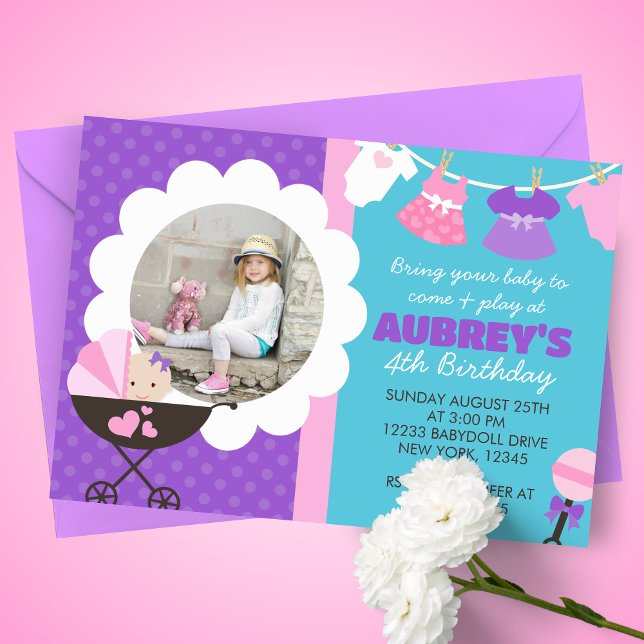Baby Doll Birthday Party Photo Invitations (Baby Doll 1 Picture Birthday Party Invitations. Available printed or digital download)