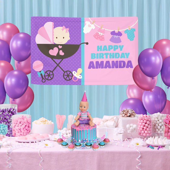 Baby Doll Happy Birthday Banner (Purple Baby Doll Birthday Personalized Hanging Vinyl Birthday Banner. Indoor or outdoor available)