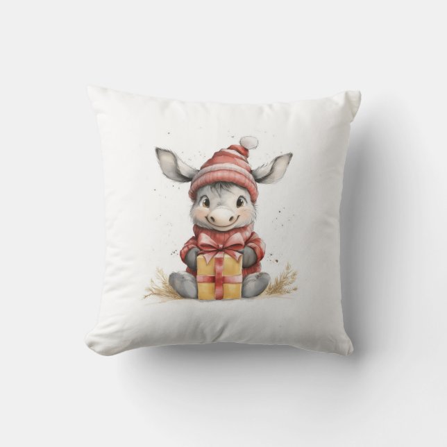 Baby Donkey in Red & White Winter Hat Gift Throw Pillow (Front)