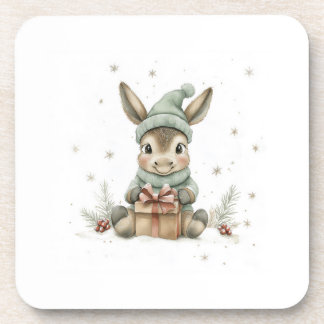 Baby Donkey in Winter Santa Hat Gift 4 Beverage Coaster