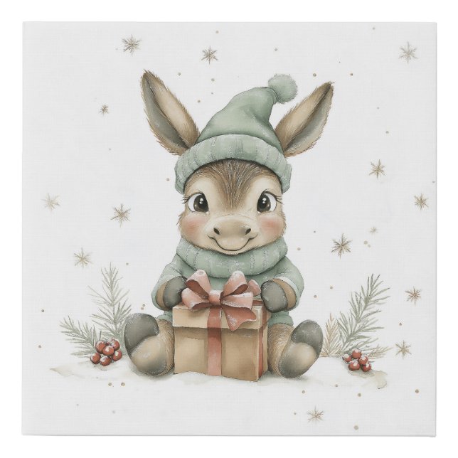 Baby Donkey in Winter Santa Hat Gift 4 Faux Canvas Print (Front)