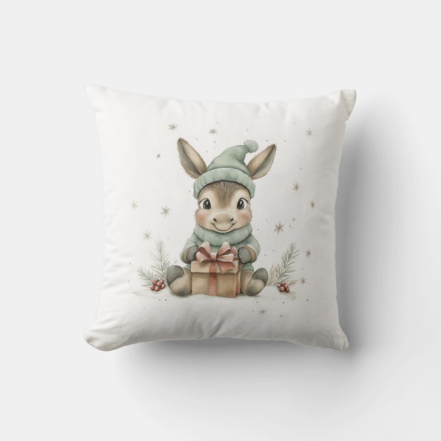 Baby Donkey in Winter Santa Hat Gift 4 Throw Pillow (Front)