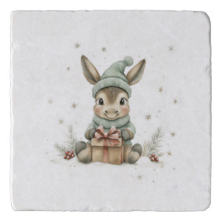 Baby Donkey in Winter Santa Hat Gift 4 Trivet