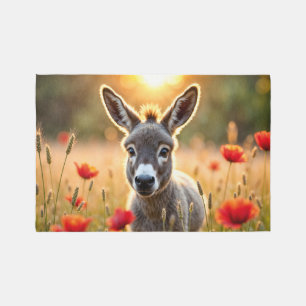 Baby donkey peaceful nature red poppies field rug