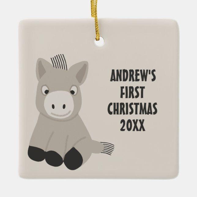 Baby Donkey Personalized First Christmas Photo Ceramic Ornament (Front)