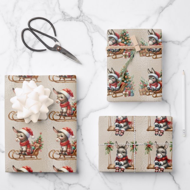 Baby Donkeys Christmas Kids Wrapping Paper Sheets (Front)