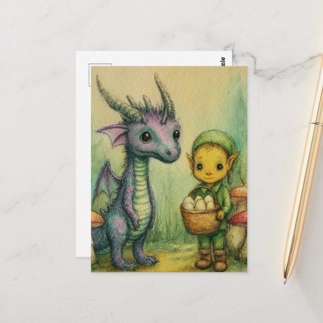 Baby Dragon and Elf With Eggs Postcard (Front/Back In Situ)