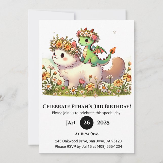 Baby Dragon and Fluffy Cat in Flower Birthday Invitation (Front)
