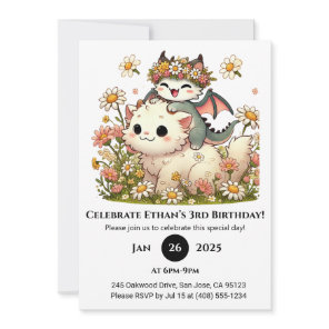 Baby Dragon and Fluffy Cat in Flower Birthday Invitation
