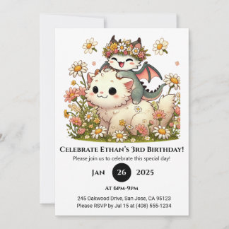 Baby Dragon and Fluffy Cat in Flower Birthday Invitation