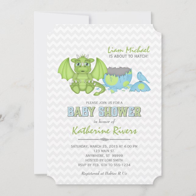 Baby Dragon Baby Shower Invitation Green Blue Gray (Front)